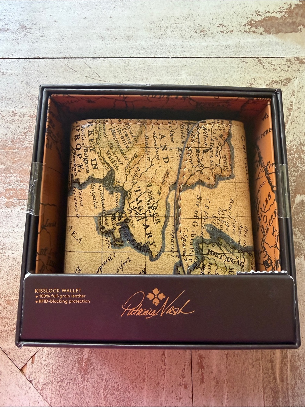 Patricia Nash Tan and Beige Map-Print Kisslock Wallet with RFID Card